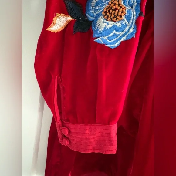 Free People MIA Red Velour Velvet Floral Embroidered Dress - Picture 6 of 7